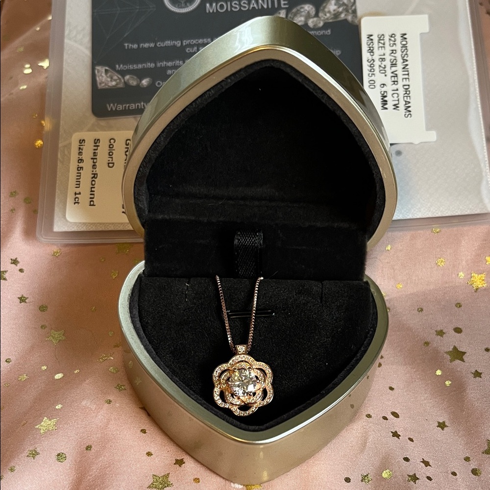 Moissanite 1CTW Rose Gold Camellia Flower Pendant Necklace. 925 R/Silver.